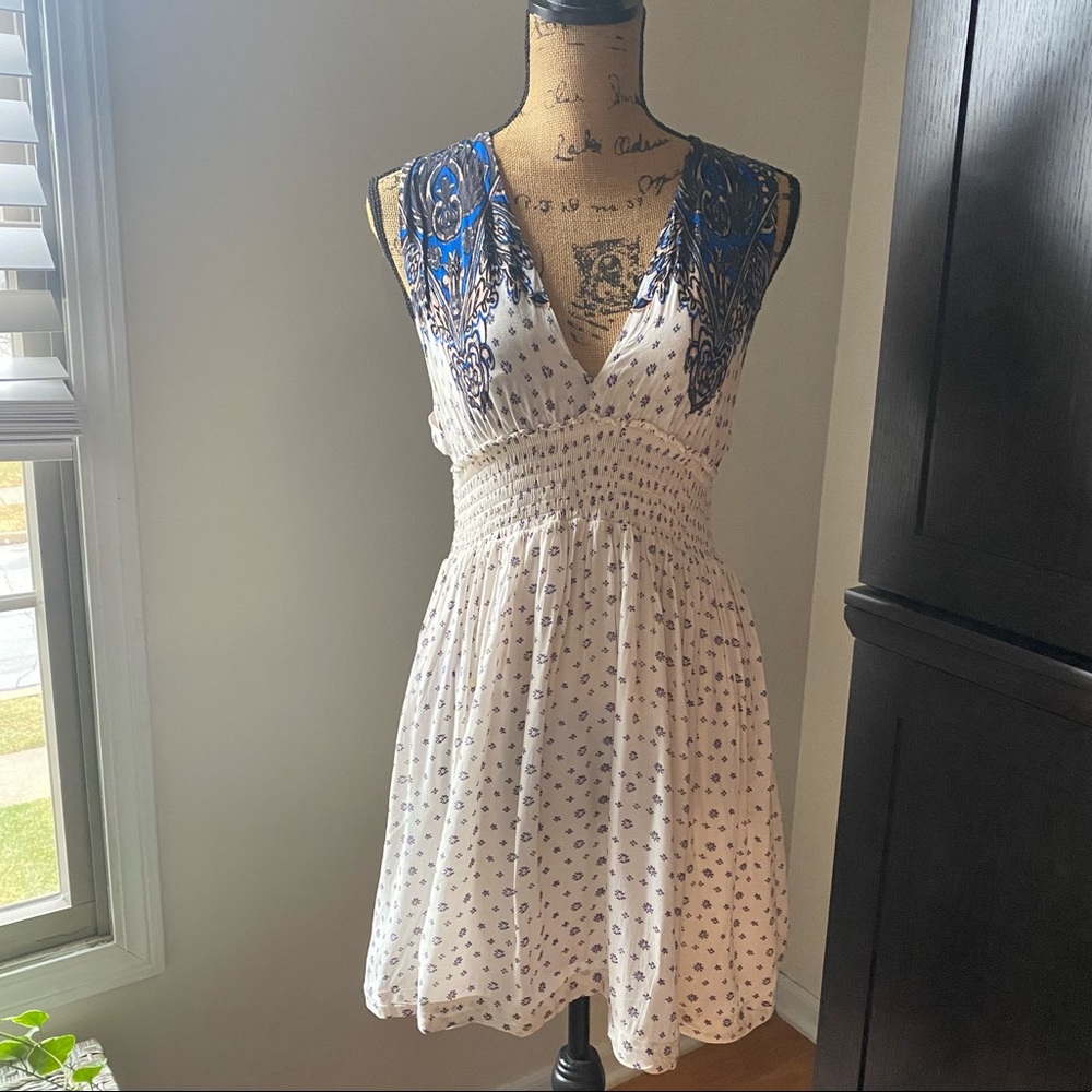 Free People Cream Mini Dress with Blue Accents